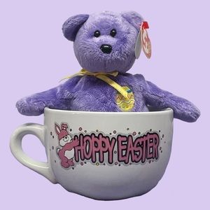 TY Beanie Baby Eggs III the Purple Easter Bear & “Hoppy Easter” Mug NWOT